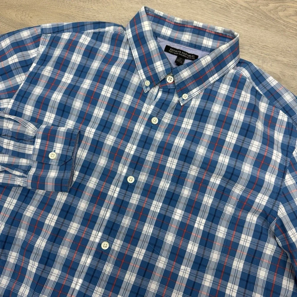 Banana Republic Multicolor Plaid Soft Wash Tailored Slim Fit Button‎ Down Sz XLT